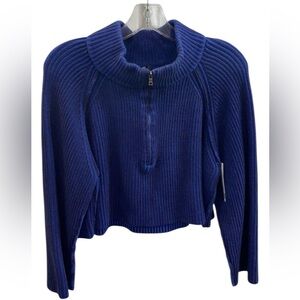 Free People Blue Ribbed Crop Sweater with Half-Zip long sleeve pullover zip XS